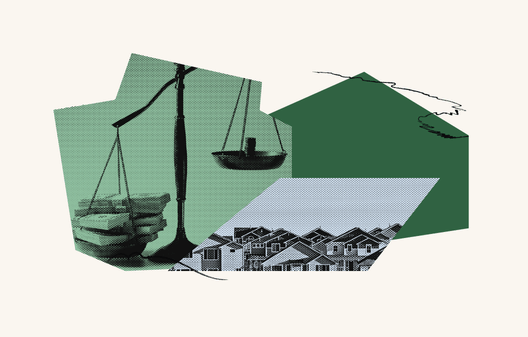 Collage graphic featuring a green-tinted image of balanced scales stacked with books and coins, overlaid with a photo of a suburban neighborhood.