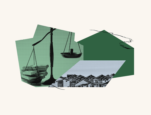 Collage graphic featuring a green-tinted image of balanced scales stacked with books and coins, overlaid with a photo of a suburban neighborhood.