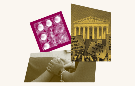 Collage graphic featuring images of contraceptive pills, people holding hands in comfort, and protest signs in front of the Supreme Court reading ‘Bans Off My Body.’
