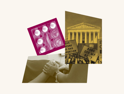 Collage graphic featuring images of contraceptive pills, people holding hands in comfort, and protest signs in front of the Supreme Court reading ‘Bans Off My Body.’