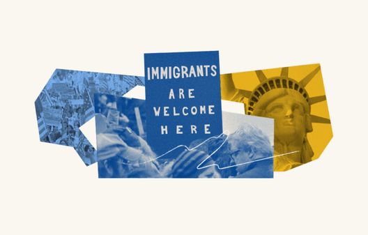 Collage design with blue and yellow tones showing protest scenes, a close-up of the Statue of Liberty, and a central sign reading ‘Immigrants Are Welcome Here.’