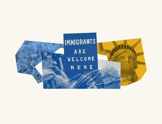 Collage design with blue and yellow tones showing protest scenes, a close-up of the Statue of Liberty, and a central sign reading ‘Immigrants Are Welcome Here.’