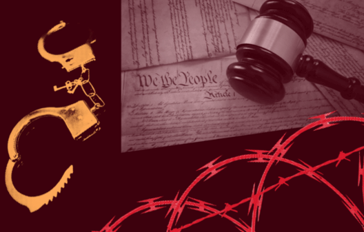 Graphic featuring a gavel resting on the U.S. Constitution beside broken handcuffs and red barbed wire.