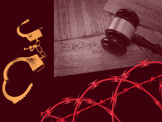 Graphic featuring a gavel resting on the U.S. Constitution beside broken handcuffs and red barbed wire.