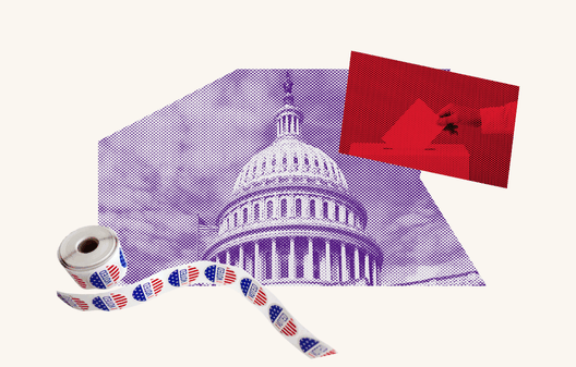 Collage showing the U.S. Capitol dome in purple, a roll of ‘I Voted’ stickers, and a red-tinted hand placing a ballot into a box.