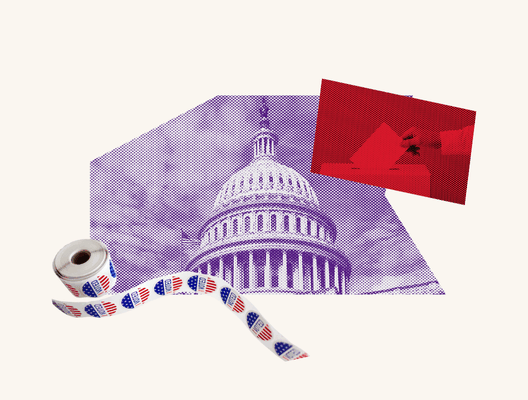 Collage showing the U.S. Capitol dome in purple, a roll of ‘I Voted’ stickers, and a red-tinted hand placing a ballot into a box.