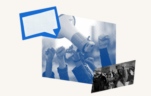 Collage graphic symbolizing free speech and protest. The main image shows raised fists and a megaphone tinted in blue. A smaller photo in the bottom right corner depicts a person speaking passionately into a megaphone at a rally. A blue speech bubble graphic appears in the upper left.