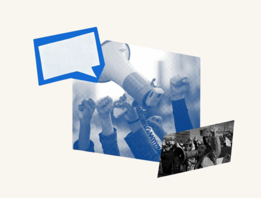 Collage graphic symbolizing free speech and protest. The main image shows raised fists and a megaphone tinted in blue. A smaller photo in the bottom right corner depicts a person speaking passionately into a megaphone at a rally. A blue speech bubble graphic appears in the upper left.