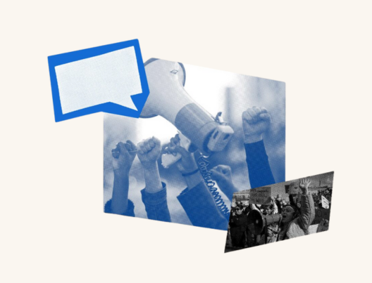 Collage graphic symbolizing free speech and protest. The main image shows raised fists and a megaphone tinted in blue. A smaller photo in the bottom right corner depicts a person speaking passionately into a megaphone at a rally. A blue speech bubble graphic appears in the upper left.