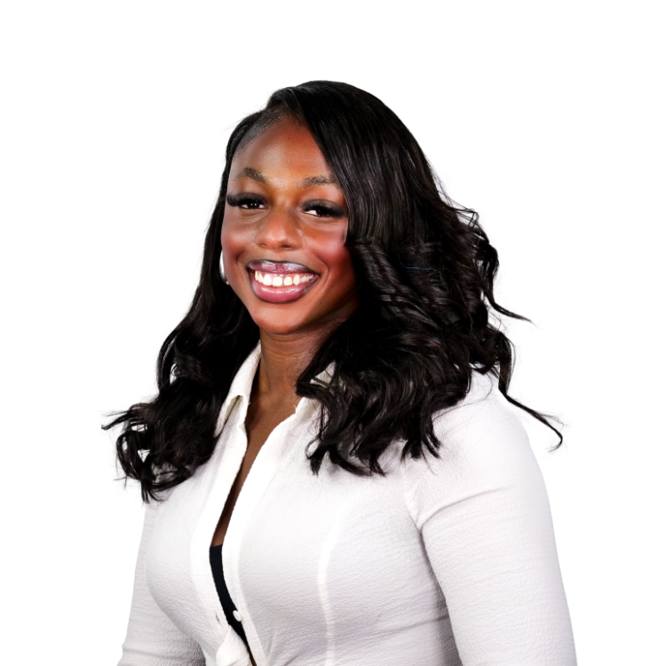 Woman with long wavy hair, wearing a white button-up top, smiling brightly against a white background.