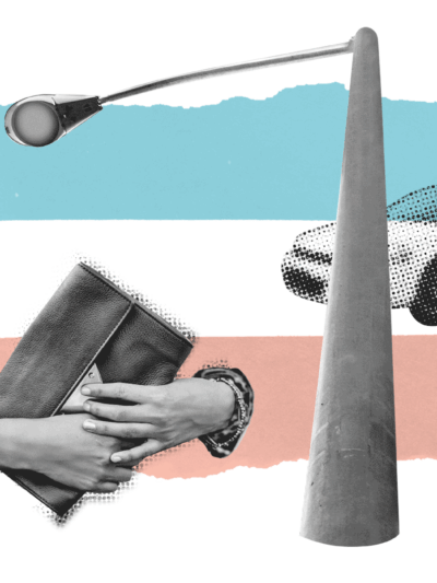 Two hands holding a purse near a street lamp and police car on a background with the trans flag colors.