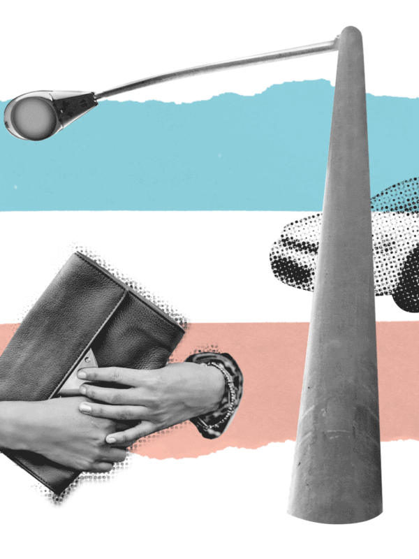 Two hands holding a purse near a street lamp and police car on a background with the trans flag colors.