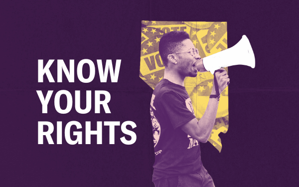 Stylized graphic with a purple background featuring bold white text on the left that reads “KNOW YOUR RIGHTS.” On the right, a man wearing glasses and a graphic t-shirt speaks into a megaphone. Behind him is a yellow cutout in the shape of Nevada with faint stars and the word “VOTE” partially visible, symbolizing civic engagement and voter empowerment.