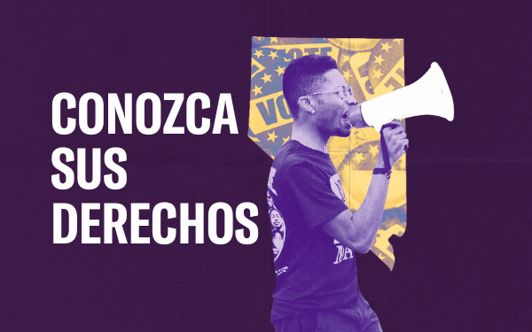 Stylized graphic with a purple background featuring bold white text on the left that reads “KNOW YOUR RIGHTS.” On the right, a man wearing glasses and a graphic t-shirt speaks into a megaphone. Behind him is a yellow cutout in the shape of Nevada with faint stars and the word “VOTE” partially visible, symbolizing civic engagement and voter empowerment.