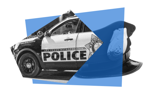 Collage graphic showing a black-and-white Las Vegas Metropolitan Police vehicle alongside a police hat, overlaid with blue shapes.