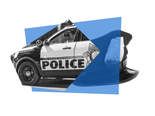 Collage graphic showing a black-and-white Las Vegas Metropolitan Police vehicle alongside a police hat, overlaid with blue shapes.