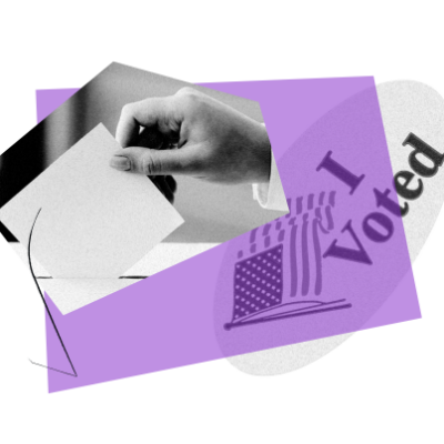 Collage graphic featuring a hand placing a ballot into a box, paired with a purple-tinted ‘I Voted’ sticker.