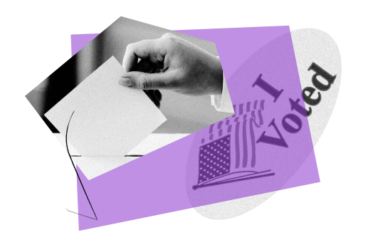 Collage graphic featuring a hand placing a ballot into a box, paired with a purple-tinted ‘I Voted’ sticker.