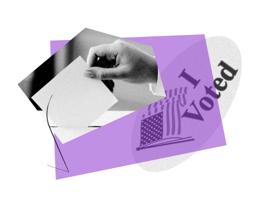 Collage graphic featuring a hand placing a ballot into a box, paired with a purple-tinted ‘I Voted’ sticker.