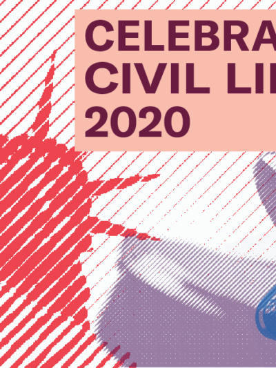 Graphic promoting the ACLUNV's 2020 Celebration of Civil Liberties shows the Statue of Liberty, a gavel, and an "I voted sticker"