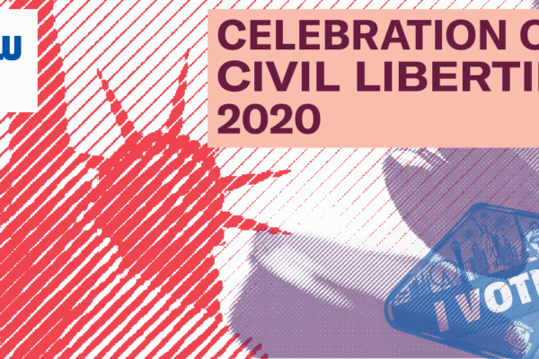 Graphic promoting the ACLUNV's 2020 Celebration of Civil Liberties shows the Statue of Liberty, a gavel, and an "I voted sticker"