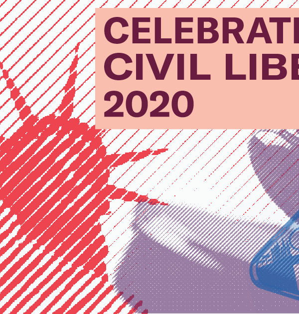 Graphic promoting the ACLUNV's 2020 Celebration of Civil Liberties shows the Statue of Liberty, a gavel, and an "I voted sticker"
