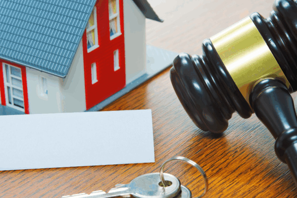 left to right: a small toy house, a deed, two keys, and a gavel sitting on a wooden surface