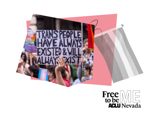 Collage-style graphic with a pink and gray color palette. At the center is a photo of a person holding a protest sign that reads: “TRANS PEOPLE HAVE ALWAYS EXISTED & WILL ALWAYS EXIST,” surrounded by a crowd at a rally. To the right, there is a grayscale-striped flag representing the agender pride flag. The word “ME” appears in the bottom corner, partially cropped. The overall message emphasizes trans visibility and existence.