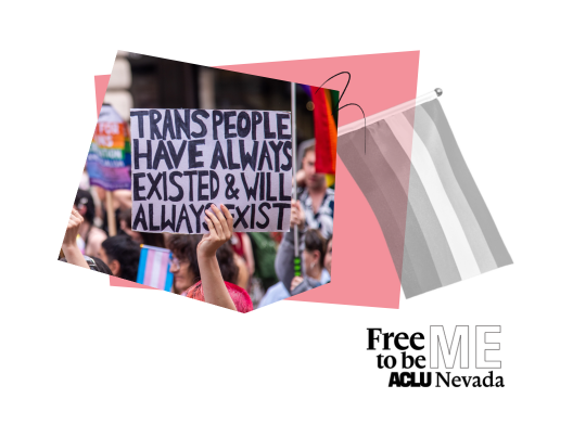 Collage-style graphic with a pink and gray color palette. At the center is a photo of a person holding a protest sign that reads: “TRANS PEOPLE HAVE ALWAYS EXISTED & WILL ALWAYS EXIST,” surrounded by a crowd at a rally. To the right, there is a grayscale-striped flag representing the agender pride flag. The word “ME” appears in the bottom corner, partially cropped. The overall message emphasizes trans visibility and existence.