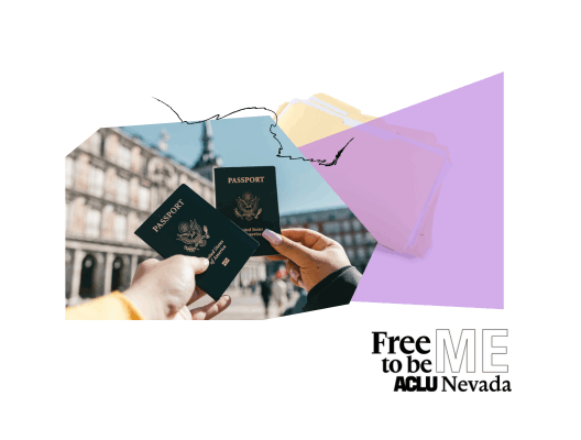 Collage-style graphic with a purple and pastel color palette. At the center is a photo of two hands holding U.S. passports in front of a historic building. To the right is a stylized graphic of a jagged-edged shape resembling a file tab or paper tear over a stack of documents or folders, symbolizing identity paperwork or bureaucratic processes. The word “ME” appears in the bottom corner, partially cropped. The visual highlights themes of identity, travel, and legal documentation.