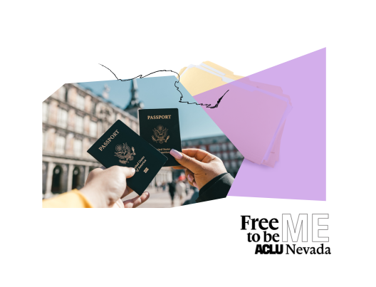 Collage-style graphic with a purple and pastel color palette. At the center is a photo of two hands holding U.S. passports in front of a historic building. To the right is a stylized graphic of a jagged-edged shape resembling a file tab or paper tear over a stack of documents or folders, symbolizing identity paperwork or bureaucratic processes. The word “ME” appears in the bottom corner, partially cropped. The visual highlights themes of identity, travel, and legal documentation.