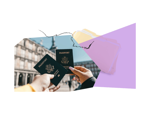 Collage-style graphic with a purple and pastel color palette. At the center is a photo of two hands holding U.S. passports in front of a historic building. To the right is a stylized graphic of a jagged-edged shape resembling a file tab or paper tear over a stack of documents or folders, symbolizing identity paperwork or bureaucratic processes.