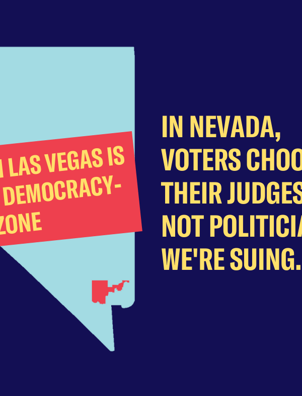 Graphic reads "North Las Vegas is not a democracy-free zone. In Nevada, voters choose their judges, not politicians. We're suing."