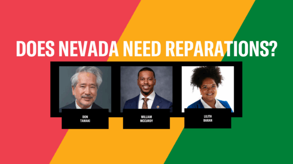 red, yellow and green striped background with headshots of the three speakers.