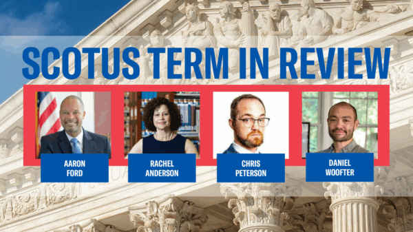 A picture of the four speakers and above their headshots says "SCOTUS Term in Review" in blue