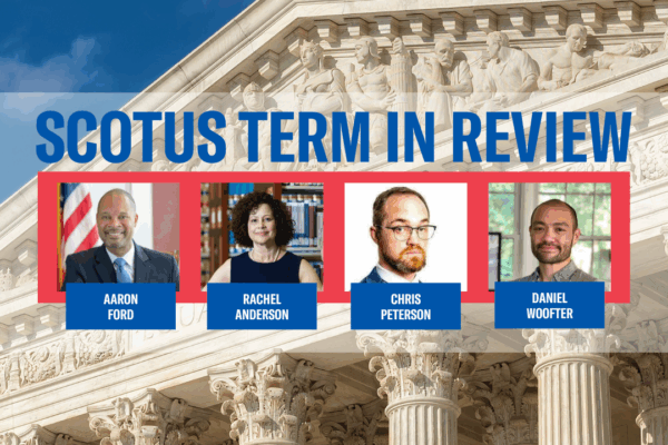 A picture of the four speakers and above their headshots says "SCOTUS Term in Review" in blue
