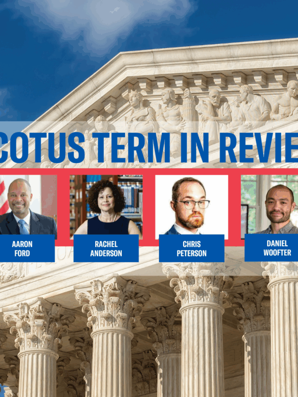 A picture of the four speakers and above their headshots says "SCOTUS Term in Review" in blue