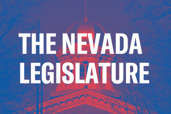 Red and blue image of the Nevada Legislature building. In white text it says "The Nevada Legislature."