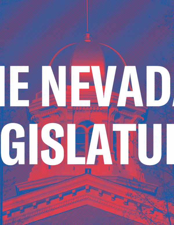 Red and blue image of the Nevada Legislature building. In white text it says "The Nevada Legislature."