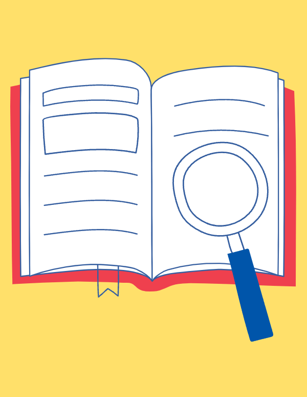 Light yellow background. Graphic of an open book with a magnifying glass.