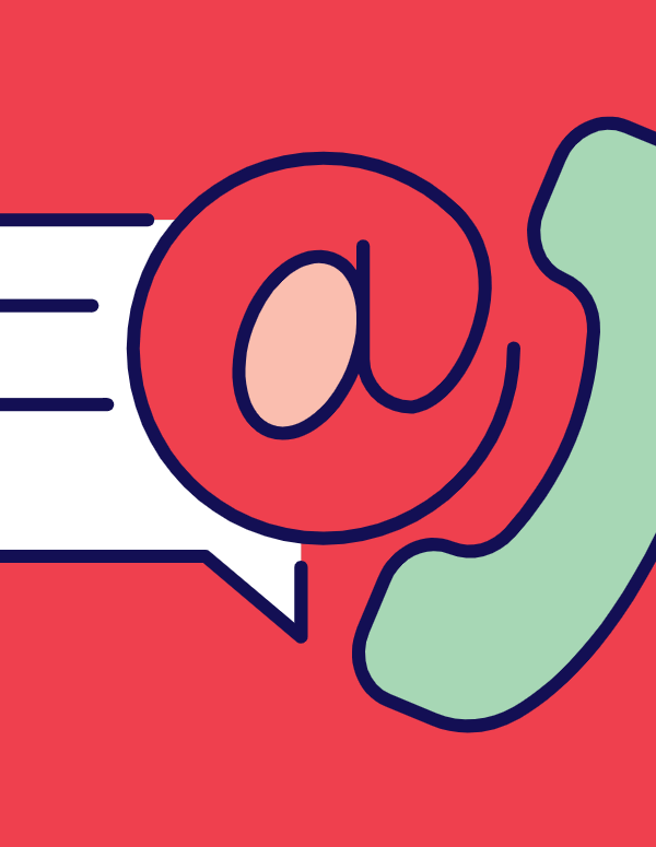 Red background. Graphic of white speech bubble, @ and telephone.