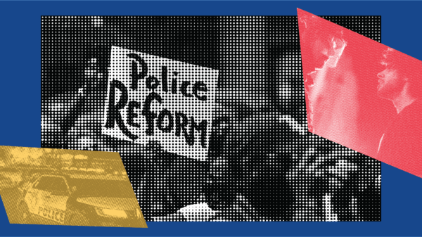 Graphic image featuring a halftone-style black-and-white photo of a protester holding a sign that reads “Police Reform.” The background is a solid blue, with two overlaid shapes: a red-tinted image of two people facing each other on the right, and a yellow-tinted image of police vehicles on the left. The overall design conveys themes of law enforcement, accountability, and civic engagement.