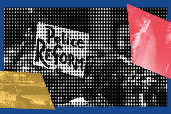 Graphic image featuring a halftone-style black-and-white photo of a protester holding a sign that reads “Police Reform.” The background is a solid blue, with two overlaid shapes: a red-tinted image of two people facing each other on the right, and a yellow-tinted image of police vehicles on the left. The overall design conveys themes of law enforcement, accountability, and civic engagement.