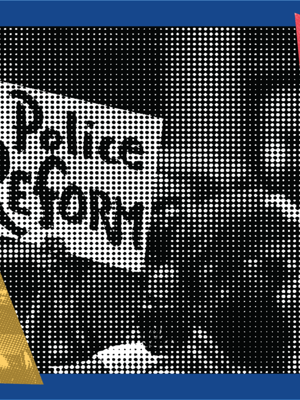 Graphic image featuring a halftone-style black-and-white photo of a protester holding a sign that reads “Police Reform.” The background is a solid blue, with two overlaid shapes: a red-tinted image of two people facing each other on the right, and a yellow-tinted image of police vehicles on the left. The overall design conveys themes of law enforcement, accountability, and civic engagement.