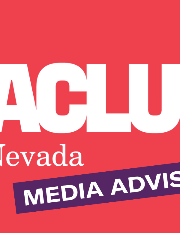 Red background with red ACLUNV logo. Purple text box says "Media Advisory," in white text.