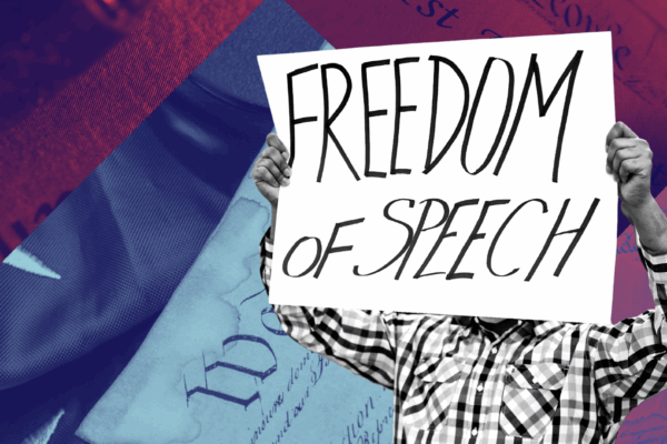 Protest sign that reads "freedom of speech." Background is a compilation of red and blue duotoned photos of the Constitution.