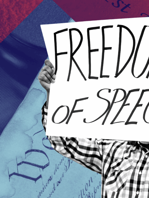Protest sign that reads "freedom of speech." Background is a compilation of red and blue duotoned photos of the Constitution.