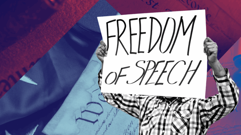 Protest sign that reads "freedom of speech." Background is a compilation of red and blue duotoned photos of the Constitution.