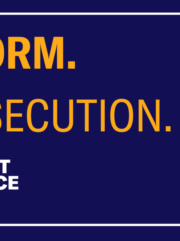 ACLU navy background. Yellow text reads "Reform. Prosecution."