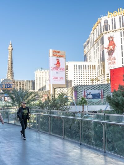 People walking on a bridge over the Las Vegas Strip.